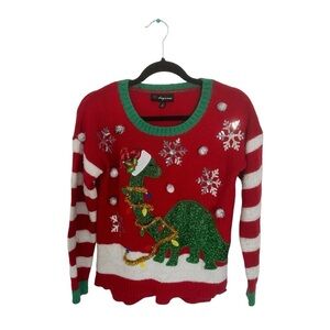 33 Degrees Christmas Sweater Adult Small Red Green Dinosaur Pullover Holiday